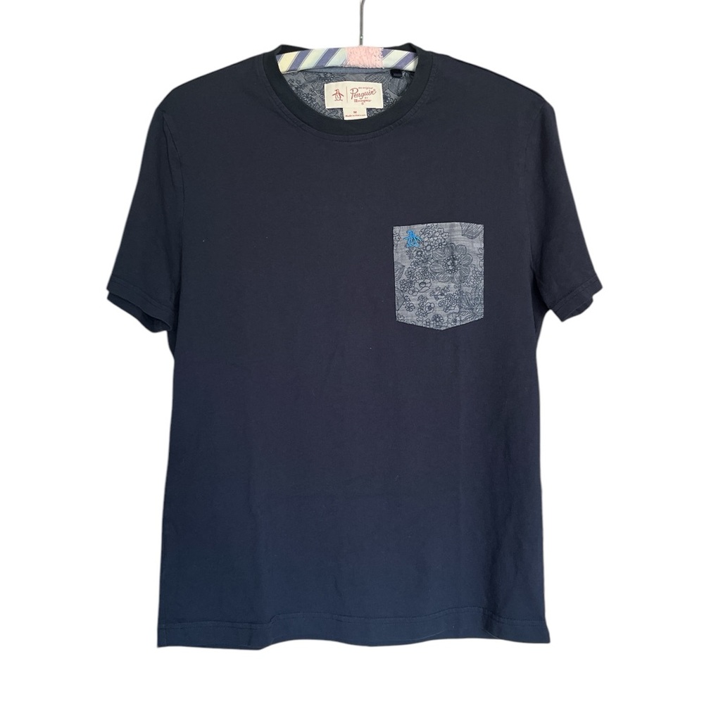 Original Penguin Men’s Navy Blue Short Sleeve Tee with Patterned Pocket Size Med
